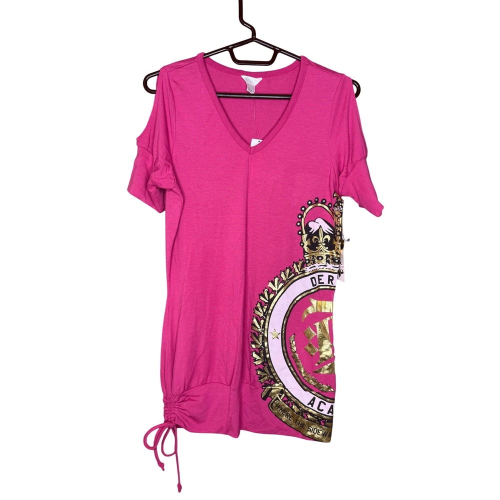 Dereon Y2K Beyonce Hot Pink Cold Shoulder Tunic Top Gold Crest Rhinestone Small‎